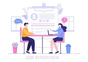 reunión de entrevista de trabajo, candidato y gerente de recursos humanos. idea de empleo y contratación, hombre o mujer de negocios en la mesa, ilustración vectorial para conversación, carrera, concepto de recursos humanos vector