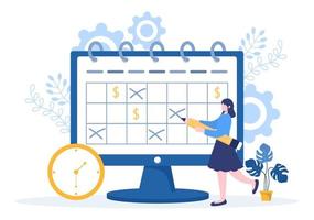 planificación de horarios o gestión del tiempo con calendario de reuniones de negocios, actividades y procesos de organización de eventos de trabajo de oficina. ilustración vectorial de fondo vector