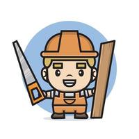 Cute characters builder man holding saw and wooden board vector