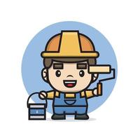 Cute characters builder man holding paint roller vector