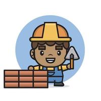 Cute characters builder man building a brick wall with spatula vector