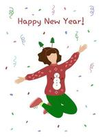 Happy New Year greeting card. Woman in sweater jumps and has fun. New Year party with confetti. Vector illustration