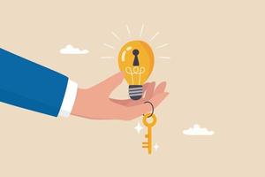 Key to success, creativity idea to solve problem, innovation or knowledge to unlock career potential concept, businessman hand giving bright lightbulb idea with keyhole and golden key to unlock it. vector