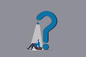 Hope in crisis, solution or opportunity in problem or difficulty, idea discovery to solve trouble concept, depressed businessman just discover light of hope and opportunity from question mark problem. vector