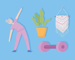 old woman making stretching vector