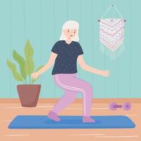 old woman doing exercise at home vector