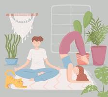 couple in home doing yoga vector