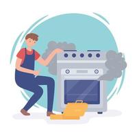 man repairing damaged oven vector