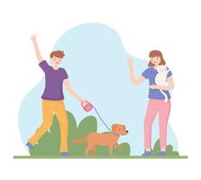 couple walking with pets vector