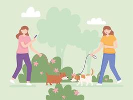 girls in the park with dogs vector