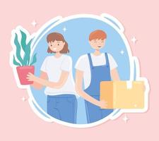 girl and boy holding box and plant vector