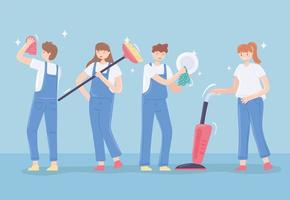 women and men cleaning vector