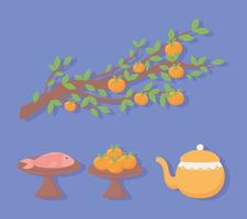 naranjas árbol tetera y pescado vector