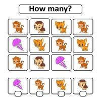 Counting game for children of preschool age. Learning mathematics. How many animals in the picture. With space for answers. Simple flat isolated vector illustration in cute cartoon style.