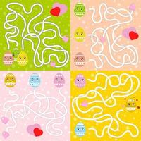 A set of mazes. Cartoon style. Visual worksheets. Activity page. Game for kids. Puzzle for children. Maze conundrum. Color vector illustration.