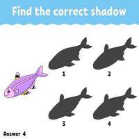 Find the correct shadow. Draw a line. Education developing worksheet. Game for kids. Activity page. Puzzle for children. Riddle for preschool. Isolated vector illustration. Cartoon style.