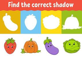 Find the correct shadow. Education developing worksheet. Matching game for kids. Activity page. Puzzle for children. Riddle for preschool. Cute character. Isolated vector illustration. Cartoon style.