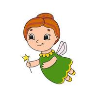 Cute fairy in a green dress. Cute flat vector illustration in childish cartoon style. Funny character. Isolated on white background.