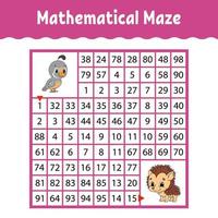 Mathematical colored square maze. Education developing worksheet. Game for kids. Puzzle for children. The study of numbers. Labyrinth conundrum. Flat vector illustration isolated on white background