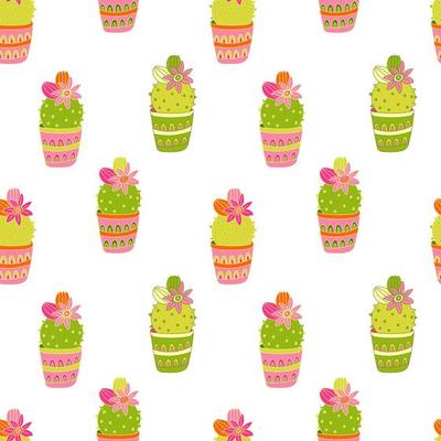 Seamless pattern with bright cactuses color doodle illustration