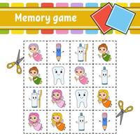 Memory game for kids. Education developing worksheet. Activity page with pictures. Puzzle game for children. Logical thinking training. Isolated vector illustration. Funny character. Cartoon style.