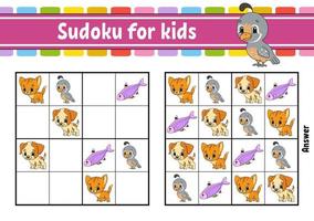 Sudoku for kids. Education developing worksheet. Activity page with pictures. Puzzle game for children and toddler. Logical thinking training. Isolated vector illustration. Cartoon style.