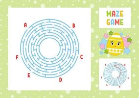 Color round labyrinth. Kids worksheets. Activity page. Game puzzle for children. Cute cartoon egg. Holiday Easter. Maze conundrum. Vector illustration. With answer. With place for your image.