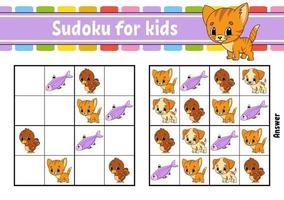 Sudoku for kids. Education developing worksheet. Activity page with pictures. Puzzle game for children and toddler. Logical thinking training. Isolated vector illustration. Cartoon style.