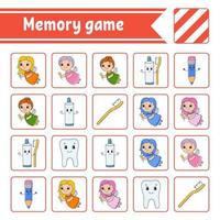 juego de memoria para niños. hoja de trabajo de desarrollo educativo. página de actividades con imágenes. juego de rompecabezas para niños. entrenamiento del pensamiento lógico. ilustración vectorial aislada. personaje divertido. estilo de dibujos animados. vector