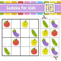 Sudoku for kids. Education developing worksheet. Activity page with pictures. Puzzle game for children. Logical thinking training. Isolated vector illustration. Funny character. Cartoon style.