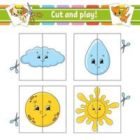 Cut and play. Flash cards. Color puzzle. Education developing worksheet. Activity page. Game for children. Funny character. Isolated vector illustration. Cartoon style.