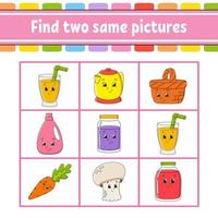 Find two same pictures. Task for kids. Education developing worksheet. Activity page. Game for children. Funny character. Isolated vector illustration. Cartoon style.