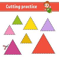 Cutting practice for kids. Education developing worksheet. Activity page with pictures. Game for children. Isolated vector illustration. Funny character. Cartoon style.