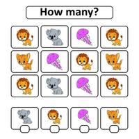 Counting game for children of preschool age. Learning mathematics. How many animals in the picture. With space for answers. Simple flat isolated vector illustration in cute cartoon style.