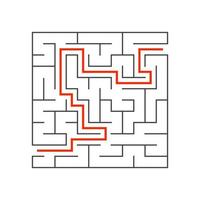 Abstract square maze. Game for kids. Puzzle for children. One entrance, one exit. Labyrinth conundrum. Flat vector illustration isolated on white background. With answer.