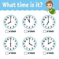 Learning time on the clock. Educational activity worksheet for kids and toddlers. Game for children. Simple flat isolated vector illustration in cute cartoon style.