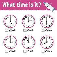 Learning time on the clock. Educational activity worksheet for kids and toddlers. Game for children. Simple flat isolated vector illustration in cute cartoon style.