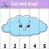 Learning numbers. Cut and play. Education developing worksheet. Game for kids. Activity page. Puzzle for children. Riddle for preschool. Flat isolated vector illustration. Cute cartoon style.