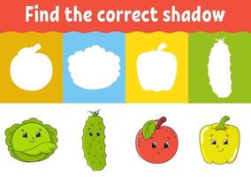 Find the correct shadow. Education developing worksheet. Matching game for kids. Activity page. Puzzle for children. Riddle for preschool. Cute character. Isolated vector illustration. Cartoon style.