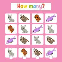 Counting game for children of preschool age. Learning mathematics. How many animals in the picture. With space for answers. Simple flat isolated vector illustration in cute cartoon style.