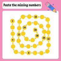 Paste the missing numbers. Handwriting practice. Learning numbers for kids. Education developing worksheet. Activity page. Game for children. Isolated vector illustration in cute cartoon style.