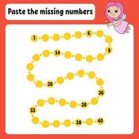 Paste the missing numbers. Handwriting practice. Learning numbers for kids. Education developing worksheet. Activity page. Game for children. Isolated vector illustration in cute cartoon style.