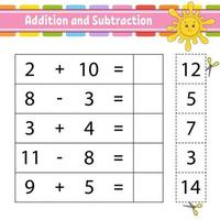 Addition and subtraction. Task for kids. Education developing worksheet. Activity page. Game for children. Funny character. Isolated vector illustration. Cartoon style.