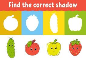 Find the correct shadow. Education developing worksheet. Matching game for kids. Activity page. Puzzle for children. Riddle for preschool. Cute character. Isolated vector illustration. Cartoon style.