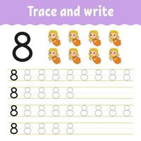 Trace and write. Handwriting practice. Learning numbers for kids. Education developing worksheet. Activity page. Game for toddlers and preschoolers. Isolated vector illustration in cute cartoon style.