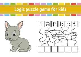 Logic puzzle game. Learning words for kids. Find the hidden name. Education developing worksheet. Activity page for study English. Game for children. Isolated vector illustration. Cartoon style.