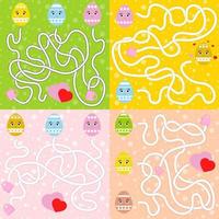 A set of mazes. Cartoon style. Visual worksheets. Activity page. Game for kids. Puzzle for children. Maze conundrum. Color vector illustration.