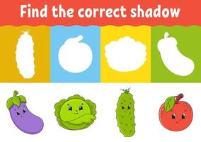 Find the correct shadow. Education developing worksheet. Matching game for kids. Activity page. Puzzle for children. Riddle for preschool. Cute character. Isolated vector illustration. Cartoon style.