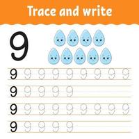 Trace and write. Handwriting practice. Learning numbers for kids. Education developing worksheet. Activity page. Game for toddlers and preschoolers. Isolated vector illustration in cute cartoon style.