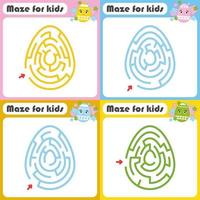 A set of mazes. Game for kids. Puzzle for children. Maze conundrum. Cartoon style. Visual worksheets. Activity page. Color vector illustration.